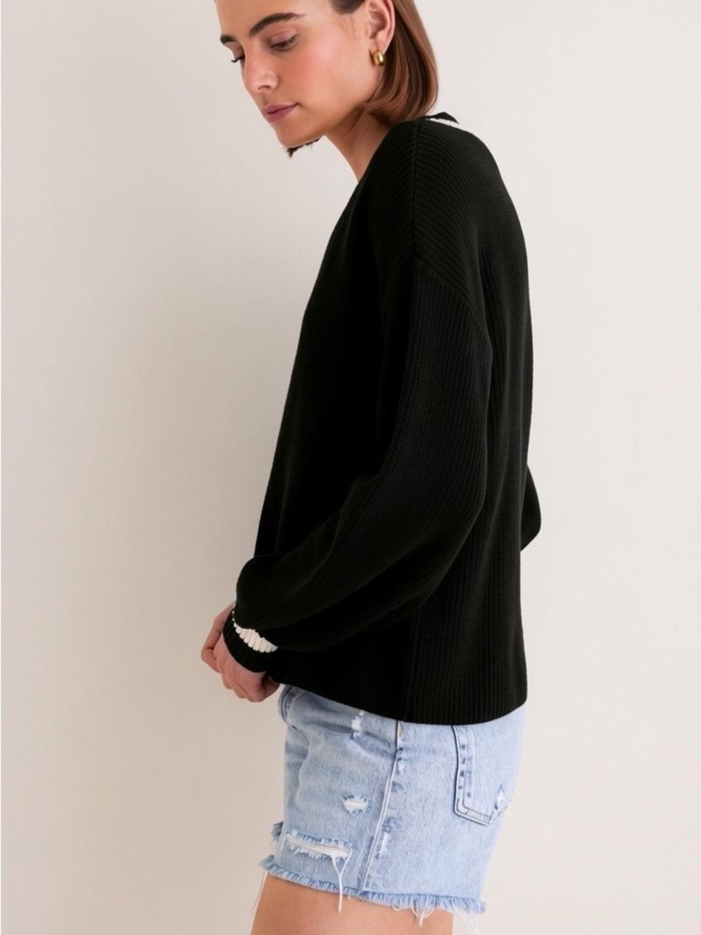 NWT Tuckernuck Black Cream Striped Ashe V neck Sweater Sz L - Picture 5 of 16